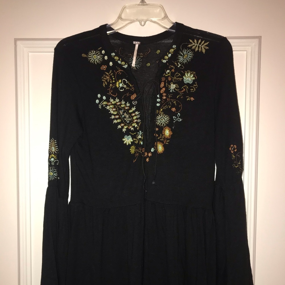 Black embroidered bell-sleeved drawstring top